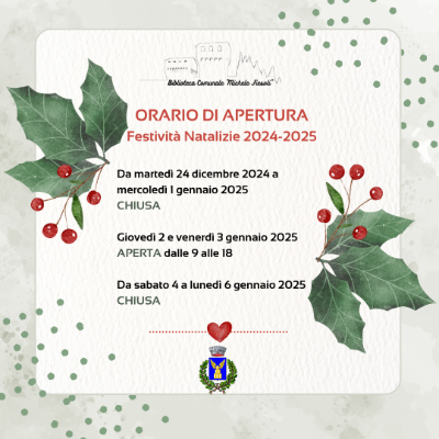 Orario di apertura della Biblioteca Michele Fiesoli. Natale 2024