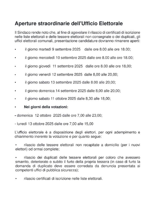 Aperture Straordinarie ufficio elettorale 
